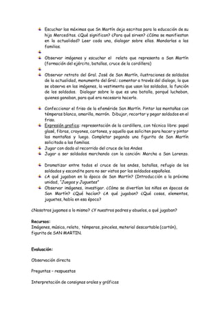 Escuchar las máximas que Sn Martín deja escritas para la educación de su
hija Merceditas. ¿Qué significan? ¿Para qué sirven? ¿Cómo se manifiestan
en la actualidad? Leer cada una, dialogar sobre ellas. Mandarlas a las
familias.
Observar imágenes y escuchar el relato que representa a San Martín
(formación del ejército, batallas, cruce de la cordillera)
Observar retrato del Gral. José de San Martín, ilustraciones de soldados
de la actualidad, monumento del Gral.: comentar a través del dialogo, lo que
se observa en las imágenes, la vestimenta que usan los soldados, la función
de los soldados. Dialogar sobre lo que es una batalla, porqué luchaban,
quienes ganaban, para qué era necesario hacerlo.
Confeccionar el friso de la efeméride San Martín. Pintar las montañas con
témperas blanca, amarilla, marrón. Dibujar, recortar y pegar soldados en el
friso.
Expresión grafica: representación de la cordillera, con técnica libre: papel
glasé, fibras, crayones, cartones, y aquello que soliciten para hacer y pintar
las montañas y luego. Completar pegando una figurita de San Martín
solicitada a las familias.
Jugar con dado al recorrido del cruce de los Andes
Jugar a ser soldados marchando con la canción: Marcha a San Lorenzo.
Dramatizar entre todos el cruce de los andes, batallas, refugio de los
soldados y escondite para no ser vistos por los soldados españoles.
¿A qué jugaban en la época de San Martín? (Introducción a la próxima
unidad, “Juegos y Juguetes”
Observar imágenes, investigar. ¿Cómo se divertían los niños en épocas de
San Martín? ¿Qué hacían? ¿A qué jugaban? ¿Qué cosas, elementos,
juguetes, había en esa época?
¿Nosotros jugamos a lo mismo? ¿Y nuestros padres y abuelos, a qué jugaban?
Recursos:
Imágenes, música, relato, témperas, pinceles, material descartable (cartón),
figurita de SAN MARTIN.
Evaluación:
Observación directa
Preguntas – respuestas
Interpretación de consignas orales y gráficas
 