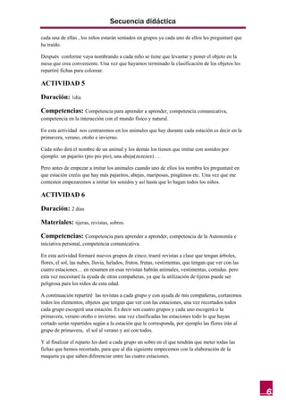 Secuencia didáctica

cada una de ellas , los niños estarán sentados en grupos ya cada uno de ellos les preguntaré que
ha traído.

Después conforme vaya nombrando a cada niño se tiene que levantar y poner el objeto en la
mesa que crea conveniente. Una vez que hayamos terminado la clasificación de los objetos les
repartiré fichas para colorear.

ACTIVIDAD 5

Duración: 1día

Competencias: Competencia para aprender a aprender, competencia comunicativa,
competencia en la interacción con el mundo físico y natural.

En esta actividad nos centraremos en los animales que hay durante cada estación es decir en la
primavera, verano, otoño e invierno.

Cada niño dirá el nombre de un animal y los demás los tienen que imitar con sonidos por
ejemplo: un pajarito (pio pio pio), una abeja(zezezez)….

Pero antes de empezar a imitar los animales cuando uno de ellos los nombra les preguntaré en
que estación creéis que hay más pajaritos, abejas, mariposas, pingüinos etc. Una vez que me
contesten empezaremos a imitar los sonidos y así hasta que lo hagan todos los niños.

ACTIVIDAD 6

Duración: 2 días

Materiales: tijeras, revistas, sobres.

Competencias: Competencia para aprender a aprender, competencia de la Autonomía e
iniciativa personal, competencia comunicativa.

En esta actividad formaré nuevos grupos de cinco, traeré revistas a clase que tengan árboles,
flores, el sol, las nubes, lluvia, helados, frutos, frutas, vestimentas, que tengan que ver con las
cuatro estaciones… en resumen en esas revistan habrán animales, vestimentas, comidas. pero
esta vez necesitaré la ayuda de otras compañeras, ya que la utilización de tijeras puede ser
peligrosa para los niños de esta edad.

A continuación repartiré las revistas a cada grupo y con ayuda de mis compañeras, cortaremos
todos los elementos, objetos que tengan que ver con las estaciones, una vez recortados todos
cada grupo escogerá una estación. Es decir son cuatro grupos y cada uno escogerá o la
primavera, verano otoño o invierno. una vez clasificadas las estaciones todo lo que hayan
cortado serán repartidos según a la estación que le corresponda, por ejemplo las flores irán al
grupo de primavera, el sol al verano y así con todos.

Y al finalizar el reparto les daré a cada grupo un sobre en el que tendrán que meter todas las
fichas que hemos recortado, para que al día siguiente empecemos con la elaboración de la
maqueta ya que saben diferenciar entre las cuatro estaciones.




                                                                                                      6
 