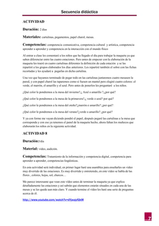 Secuencia didáctica

ACTIVIDAD

Duración: 2 días

Materiales: cartulinas, pegamentos, papel charol, mesas.

Competencias: competencia comunicativa, competencia cultural          y artística, competencia
aprender a aprender y competencia en la interacción con el mundo físico

Al entrar a clase les comentaré a los niños que ha llegado el día para trabajar la maqueta ya que
saben diferenciar entre las cuatro estaciones. Pero antes de empezar con la elaboración de la
maqueta les traeré en cuatro cartulinas diferentes la definición de cada estación y se las
repartiré a los grupos elaborados los días anteriores. Les repartiré también el sobre con las fichas
recortadas y les ayudaré a pegarlas en dicha cartulina.

Una vez que hayamos terminado de pegar todo en las cartulinas juntaremos cuatro mesasen la
pared, y con papel charol las taparemos como si fuesen un mantel pero elegiré cuatro colores: el
verde, el marrón, el amarillo y el azul. Pero antes de ponerlos les preguntaré a los niños.

¿Qué color le pondremos a la mesa del invierno?,¿ Azul o amarillo ?,¿por qué?

¿Qué color le pondremos a la mesa de la primavera?,¿ verde o azul? por qué?

¿Qué color le pondremos a la mesa del otoño?¿marrón o amarillo? ¿por qué?

¿Qué color le pondremos a la mesa del verano?¿verde o amarillo? ¿por qué?

Y ya con forme me vayan diciendo pondré el papel, después pegaré las cartulinas a la mesa que
corresponda y con eso ya tenemos el panel de la maqueta hecho, ahora faltan los muñecos que
elaborarán los niños en la siguiente actividad.

ACTIVIDAD 8

Duración:1día

Material: video, audición.

Competencias: Tratamiento de la información y competencia digital, competencia para
aprender a aprender, competencias lingüísticas.

En esta actividad será individual, en primer lugar haré una asamblea para enseñarles un video
muy divertido de las estaciones. Es muy divertido y entretenido, en este vídeo se habla de las
flores , colores, hojas, sol, charcos…

Me parece interesante que vean este vídeo antes de terminar la maqueta ya que explica
detalladamente las estaciones y así sabrán que elementos estarán situados en cada una de las
mesas y se les quede aun más claro. Y cuando termine el vídeo les haré una serie de preguntas
acerca de él.

http://www.youtube.com/watch?v=dYjeojyfQkM




                                                                                                       7
 