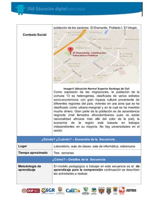 Contexto Social
población de los sectores: El Diamante, Poblado I, El Vergel,.
Imagen1 Ubicación Normal Superior Santiago de Cali
Como expresión de las migraciones, la población de la
comuna 13 es heterogénea, clasificada de varios estratos
socio-económicos con gran riqueza cultural proveniente de
diferentes regiones del país, viviendo en una zona que se ha
clasificado como urbano-marginal y en la cual se ha invertido
mucho dinero. Gran parte de la población es de ascendencia
negroide (mal llamados afrocolombianos pues no existe
nacionalidad africana más allá del color de la piel), la
economía de la región está basada en trabajos
independientes en su mayoría. No hay universidades en el
sector.
¿Dónde? ¿Cuándo? – Escenario de la Secuencia .
Lugar Laboratorio, aula de clases, sala de informática, extramuros
Tiempo aproximado Tres semanas
¿Cómo? – Detalles de la Secuencia
Metodología de
aprendizaje
El modelo pedagógico a trabajar en esta secuencia es el de
aprendizaje para la comprensión continuación se describen
las actividades a realizar.
 