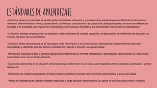 ESTÁNDARESDEAPRENDIZAJE
- Escucha, observa e interpreta el sentido global de debates, coloquios y conversaciones espontáneas identificando la información
relevante, determinando el tema y reconociendo la intención comunicativa y la postura de cada participante, así como las diferencias
formales y de contenido que regulan los intercambios comunicativos formales y los intercambios comunicativos espontáneos.
- Conoce el proceso de producción de discursos orales valorando la claridad expositiva, la adecuación, la coherencia del discurso, así
como la cohesión de los contenidos.
- Conoce y utiliza herramientas de la Tecnología de la Información y la Comunicación, participando, intercambiando opiniones,
comentando y valorando escritos ajenos o escribiendo y dando a conocer los suyos propios.
- Revisa sus discursos orales y escritos aplicando correctamente las normas ortográficas y gramaticales reconociendo su valor social
para obtener una comunicación eficiente.
- Conoce los elementos de la situación comunicativa que determinan los diversos usos lingüísticos tema, propósito, destinatario, género
textual, etc.
- Reconoce los registros lingüísticos en textos orales o escritos en función de la intención comunicativa y de su uso social.
- Valora la importancia de utilizar el registro adecuado a cada situación comunicativa y lo aplica en sus discursos orales y escritos.
 