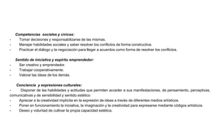 Competencias sociales y cívicas:
- Tomar decisiones y responsabilizarse de las mismas.
- Manejar habilidades sociales y saber resolver los conflictos de forma constructiva.
- Practicar el diálogo y la negociación para llegar a acuerdos como forma de resolver los conflictos.
Sentido de iniciativa y espíritu emprendedor:
- Ser creativo y emprendedor.
- Trabajar cooperativamente.
- Valorar las ideas de los demás.
Conciencia y expresiones culturales:
- Disponer de las habilidades y actitudes que permiten acceder a sus manifestaciones, de pensamiento, perceptivas,
comunicativas y de sensibilidad y sentido estético
- Apreciar a la creatividad implícita en la expresión de ideas a través de diferentes medios artísticos.
- Poner en funcionamiento la iniciativa, la imaginación y la creatividad para expresarse mediante códigos artísticos.
- Deseo y voluntad de cultivar la propia capacidad estética.
 