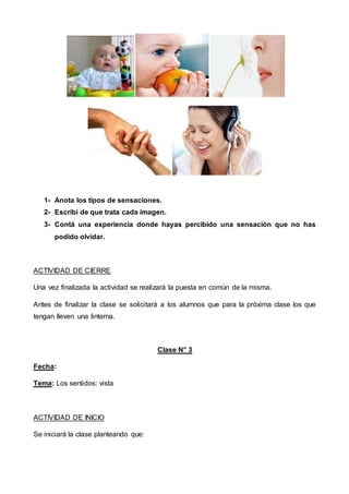 1- Anota los tipos de sensaciones.
2- Escribí de que trata cada imagen.
3- Contá una experiencia donde hayas percibido una sensación que no has
podido olvidar.
ACTIVIDAD DE CIERRE
Una vez finalizada la actividad se realizará la puesta en común de la misma.
Antes de finalizar la clase se solicitará a los alumnos que para la próxima clase los que
tengan lleven una linterna.
Clase N° 3
Fecha:
Tema: Los sentidos: vista
ACTIVIDAD DE INICIO
Se iniciará la clase planteando que:
 