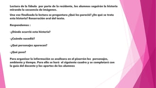 Lectura de la fábula por parte de la residente, los alumnos seguirán la historia
mirando la secuencia de imágenes.
Una vez finalizada la lectura se preguntara ¿Qué les pareció? ¿De qué se trata
esta historia? Renarración oral del texto.
Respondemos :
-¿Dónde ocurrió esta historia?
-¿Cuándo sucedió?
-¿Qué personajes aparecen?
-¿Qué paso?
Para organizar la información se analizara en el pizarrón los personajes,
ambiente y tiempo. Para ello se hará el siguiente cuadro y se completará con
la guía del docente y los aportes de los alumnos
 