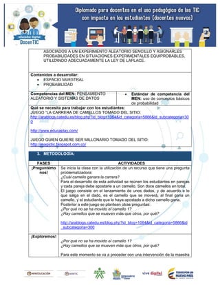 ASOCIADOS A UN EXPERIMENTO ALEATORIO SENCILLO Y ASIGNARLES
PROBABILIDADES EN SITUACIONES EXPERIMENTALES EQUIPROBABLES,
UTILIZANDO ADECUADAMENTE LA LEY DE LAPLACE.
Contenidos a desarrollar:
 ESPACIO MUESTRAL
 PROBABILIDAD
Competencias del MEN: PENSAMIENTO
ALEATORIO Y SISTEMAS DE DATOS
 Estándar de competencia del
MEN: uso de conceptos básicos
de probabilidad
Qué se necesita para trabajar con los estudiantes:
JUEGO “LA CARRERA DE CAMELLOS TOMADO DEL SITIO:
http://arablogs.catedu.es/blog.php?id_blog=1064&id_categoria=5866&id_subcategoria=30
0
http://www.educaplay.com/
JUEGO QUIEN QUIERE SER MILLONARIO TOMADO DEL SITIO:
http://magictic.blogspot.com.co/
3. METODOLOGÍA:
FASES ACTIVIDADES
¡Preguntémo
nos!
Se inicia la clase con la utilización de un recurso que tiene una pregunta
problematizadora:
¿Cuál camello ganara la carrera?
Para el desarrollo de esta actividad se reúnen los estudiantes en parejas
y cada pareja debe apostarle a un camello. Son doce camellos en total.
El juego consiste en el lanzamiento de unos dados, y de acuerdo a lo
que salga en el dado, es el camello que se moverá, al final gana un
camello, y el estudiante que le haya apostado a dicho camello gana.
Posterior a este juego se plantean otras preguntas:
¿Por qué no se ha movido el camello 1?
¿Hay camellos que se mueven más que otros, por qué?
http://arablogs.catedu.es/blog.php?id_blog=1064&id_categoria=5866&id
_subcategoria=300
¡Exploremos!
¿Por qué no se ha movido el camello 1?
¿Hay camellos que se mueven más que otros, por qué?
Para este momento se va a proceder con una intervención de la maestra
 