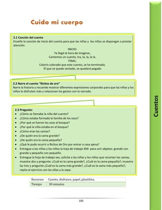 100
Recursos Cuento, disfraces, papel, plastilina.
Tiempo 30 minutos
2.1 Canción del cuento
Enseñe la canción de inicio del cuento para que las niñas y los niños se dispongan a prestar
atención.
INICIO:
Ya llegó la hora de imaginar,
Cantemos un cuento, tra, la, la, la la.
FINAL:
Colorín colorado que este cuento, se ha terminado,
El que se quede sentado, se quedará pegado
2.2 Narre el cuento “Ricitos de oro”
Narre la historia y recuerde mostrar diferentes expresiones corporales para que las niñas y los
niños lo disfruten más y relacionan los gestos con lo narrado.
2.3 Pregunte:
 ¿Cómo se llamaba la niña del cuento?
 ¿Cómo estaba formada la familia de los osos?
 ¿Por qué se fueron los osos al bosque?
 ¿Por qué la niña estaba en el bosque?
 ¿Cómo eran las camas?
 ¿De quién era la cama grande?
 ¿De quién era la cama pequeña?
 ¿Qué le pudo ocurrir a Ricitos de Oro por entrar a casa ajena?
 Entregue a las niñas y los niños la hoja de trabajo XXX para unir objetos: grande con
grande y pequeño con pequeño.
 Entregue la hoja de trabajo xxx, solicite a las niñas y los niños que recorten las camas,
muestre dos y pregunte: ¿Cuál es la cama grande?, ¿Cuál es la cama pequeña?; muestre
las tres y pregunte ¿Cuál es la cama más grande?, ¿Cuál es la cama más pequeña?,
repita el ejercicio con las sillas y la sopa.
Cuido mi cuerpo
Cuentos
 