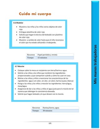 105
Recursos Papel periódico, revista
Tiempo 15 minutos
Recursos Harina/tierra, agua.
Tiempo 30 minutos
3.6 Modelar
 Muestre a las niñas y los niños varios objetos de color
rojo.
 Entregue plastilina de color rojo.
 Solicite que hagan la técnica del boleado con plastilina
de color rojo.
 Muestre y cambie de color hasta que el niño reconozca
el color que ha estado utilizando o trabajando.
Mis
manos
trabajadoras
3.7 Mezclar
 Coloque sobre la mesa un recipiente con tierra/harina o agua.
 Solicite a las niñas y los niños que nombren los ingredientes
proporcionados y que compartan cuándo y cómo los usan en casa.
 Motive a las niñas y niños a mencionar las características de los
ingredientes: agua ( sin color, sin olor, sin olor), harina (suave, blanca)
 Ponga a las niñas y los niños a mezclar los ingredientes: tierra/agua,
masa/agua.
 Asegúrese de dar a las niñas y niños el agua justa para la mezcla de tal
manera que obtengan la consistencia deseada.
 Solicite que hagan boleado y lo que deseen con la mezcla.
Cuido mi cuerpo
 