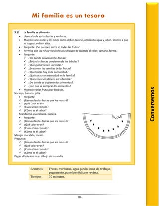 136
Recursos Frutas, verduras, agua, jabón, hoja de trabajo,
pegamento, papel periódico o revista.
Tiempo 30 minutos.
Conversemos
3.11 La familia se alimenta.
 Lleve al aula varias frutas y verduras.
 Muestre a las niñas y los niños como deben lavarse, utilizando agua y jabón. Solicite a que
lo hagan también ellos.
 Pregunte: ¿Se parecen entre sí, todas las frutas?
 Permita que las niñas y los niños clasifiquen de acuerdo al color, tamaño, forma.
 Pregunte:
 ¿De dónde provienen las frutas?
 ¿Todas las frutas provienen de los árboles?
 ¿Qué gusto tienen las frutas?
 ¿Se comen las semillas de las frutas?
 ¿Qué frutas hay en la comunidad?
 ¿Qué cosas son necesidad en la familia?
 ¿Qué cosas son deseos en la familia?
 ¿De dónde se obtienen los alimentos?
 ¿con que se compran los alimentos?
 Muestre varias frutas por bloques.
Naranja, banana, piña.
 Pregunte:
 ¿Recuerdan las frutas que les mostré?
 ¿Qué color eran?
 ¿Cuáles han comido?
 ¿Cómo es el sabor?
Mandarina, guanábana, papaya.
 Pregunte:
 ¿Recuerdan las frutas que les mostré?
 ¿Qué color eran?
 ¿Cuáles han comido?
 ¿Cómo es el sabor?
Mango, marañón, melón.
Pregunte:
 ¿Recuerdan las frutas que les mostré?
 ¿Qué color eran?
 ¿Cuáles han comido?
 ¿Cómo es el sabor?
Pegar el boleado en el dibujo de la sandía
Mi familia es un tesoro
 