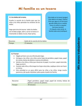 147
Recursos Audio de la canción de los dedos
Tiempo 15 minutos.
Recursos Papel periódico, papel crepé, papel de revista, bolsas de
plástico o pencas de plátano.
Tiempo 30 minutos
5.1 Los dedos de la mano.
Enseñe la canción de la familia para que las
niñas y los niños aprendan los nombres de los
dedos
Haga ejercicios de tocarse todos los dedos
con el dedo pulgar, abrir y cerrar la mano e ir
mostrando un dedo a la vez, hacer pinza,
Mis
manos
trabajadoras
Mi familia es un tesoro
5.2 Trenzar
 Hágalo primero con una niña de pelo largo.
 Entregue a las niñas y los niños varias hojas de periódico, papel crepe, papel
de revista, bolsas de plástico o pencas de plátano.
 Solicite a las niñas y niños que retuerzan el papel, si ya tiene papel retorcido,
haga uso de él.
 Cuando cada niña y niño tenga tres hojas retorcidas, explique cómo van hacer
su trenza.
 Esta actividad es un poco difícil para las niñas y los niños, tenga mucha
paciencia y dé ayuda individual, pida ayuda al padre de familia.
Este dedo es la mamá (pulgar)
Este dedo es el papá (índice)
Este que sigue es el hermano
grande (dedo de en medio)
Lleva un anillo la coqueta
hermana (anular)
El chiquito viene atrás, la
familia toda está (meñique)
 