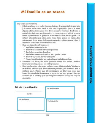 153
5.12 Mi día con mi familia
• Dibuje una línea en el suelo. Coloque el dibujo de una carita feliz a un lado
y el dibujo de la carita triste al otro lado. Explíqueles que va a hacer
algunas afirmaciones y que ellos deben colocarse en el lado donde está la
carita feliz, si piensan que lo que dices es correcto, y en el lado de la carita
triste, si piensan que lo que dices es incorrecto. Si es posible, pida a las
niñas y a los niños que salten como ranas hacia uno de los puntos. Los
primeros en llegar a uno de los puntos podrán explicar porque ella o él
creen que usted estas diciendo bien o mal.
• Haga las siguientes afirmaciones:
 Los bebés necesitan leche.
 Los bebés necesitan refrescos/gaseosas.
 Los bebés necesitan chocolate.
 Los bebés necesitan de padres para que los cuiden.
 Los bebés pueden dormir en la calle.
 Todos los niños deberían recibir lo que los bebés reciben.
• Recuerde a las niñas y los niños que cada uno de ellas y ellos, necesita
tener una familia para que los cuide y los ame.
• Haga que las niñas y los niños trabajen en un folleto titulado “Mi día con
mi familia” Enfatice que deben emplear períodos, por ejemplo: “Por la
mañana, yo…”. Pídales que dibujen/peguen las diferentes cosas que
hacen durante el día. Una vez que lo hayan hecho, haga que escriban sus
nombres en el folleto y que los coloquen dentro de su caja de viaje de
Ahorratín.
Mi familia es un tesoro
Mis
manos
trabajadoras
Mi día con mi familia
Por la tarde Yo
Por la mañana Yo
Por la tarde Yo
Nombre
 