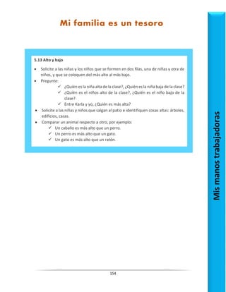 154
Mis
manos
trabajadoras
Mi familia es un tesoro
5.13 Alto y bajo
 Solicite a las niñas y los niños que se formen en dos filas, una de niñas y otra de
niños, y que se coloquen del más alto al más bajo.
 Pregunte:
 ¿Quién es la niña alta de la clase?, ¿Quién es la niña baja de la clase?
 ¿Quién es el niños alto de la clase?, ¿Quién es el niño bajo de la
clase?
 Entre Karla y yo, ¿Quién es más alta?
 Solicite a las niñas y niños que salgan al patio e identifiquen cosas altas: árboles,
edificios, casas.
 Comparar un animal respecto a otro, por ejemplo:
 Un caballo es más alto que un perro.
 Un perro es más alto que un gato.
 Un gato es más alto que un ratón.
 