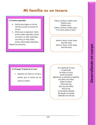159
6.7 El juego “El patio de mi casa”
• Organice los niños en círculo y
solicite que se tomen de las
manos y canten:
Desarrollando
mi
cuerpo
Mi familia es un tesoro
6.3 Juntos separados.
 Solicite que hagan un círculo,
mientras cantan la canción de
círculo.
 Ahora que se organicen: todos
juntos, todos separados, juntos
una niña y un niño, separados
una niña y un niño, todos
juntos, ahora todos separados.
Repase las canciones:
Cabeza, hombros, rodillas y pies.
Rodillas y pies,
Rodillas y pies,
Cabeza, hombros, rodillas y pies.
Y mis manos alaban al Señor.
Adentro, afuera, arriba, abajo,
Que feliz estoy,
Adentro, afuera, arriba, abajo,
Que feliz estoy.
En el patio de mi casa
Es particular
Se moja y se seca,
Como los demás
Agáchense, y vuélvanse a agachar.
Las niñas y los niños,
Saltan sin parar.
Dicen que soy,
Que soy una niñita,
Pero lo soy,
Lo soy desde chiquita,
Me quede, me quede,
Saltando con este pie.
 
