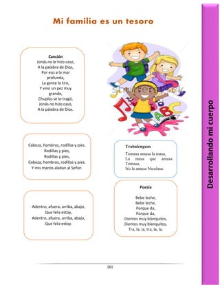 161
Desarrollando
mi
cuerpo
Mi familia es un tesoro
Poesía
Bebe leche,
Bebe leche,
Porque da,
Porque da,
Dientes muy blanquitos,
Dientes muy blanquitos,
Tra, la, la, tra, la, la.
Trabalenguas
Tomasa amasa la masa,
La masa que amasa
Tomasa,
No la amasa Nicolasa.
Canción
Jonás no le hizo caso,
A la palabra de Dios,
Por eso a la mar
profunda,
La gente lo tiro,
Y vino un pez muy
grande,
Chuplús se lo tragó,
Jonás no hizo caso,
A la palabra de Dios.
Cabeza, hombros, rodillas y pies.
Rodillas y pies,
Rodillas y pies,
Cabeza, hombros, rodillas y pies.
Y mis manos alaban al Señor.
Adentro, afuera, arriba, abajo,
Que feliz estoy,
Adentro, afuera, arriba, abajo,
Que feliz estoy.
 