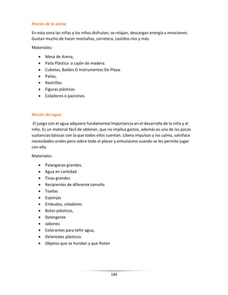 184
Rincón de la arena
En esta zona las niñas y los niños disfrutan, se relajan, descargan energía y emociones.
Gustan mucho de hacer montañas, carretera, castillos ríos y más.
Materiales:
 Mesa de Arena,
 Paila Plástica o cajón de madera.
 Cubetas, Baldes O Instrumentos De Playa.
 Pailas,
 Rastrillos
 Figuras plásticas
 Coladores o pazcones.
Rincón del agua
El juego con el agua adquiere fundamental importancia en el desarrollo de la niña y el
niño. Es un material fácil de obtener, que no implica gastos, además es una de las pocas
sustancias básicas con la que todos ellos cuentan. Libera impulsos y los calma, satisface
necesidades orales pero sobre todo el placer y entusiasmo cuando se les permite jugar
con ella.
Materiales:
 Palanganas grandes,
 Agua en cantidad
 Tinas grandes
 Recipientes de diferente tamaño
 Toallas
 Esponjas
 Embudos, coladores
 Botes plásticos,
 Detergente
 Jabones
 Colorantes para teñir agua,
 Delantales plásticos
 Objetos que se hundan y que floten
 