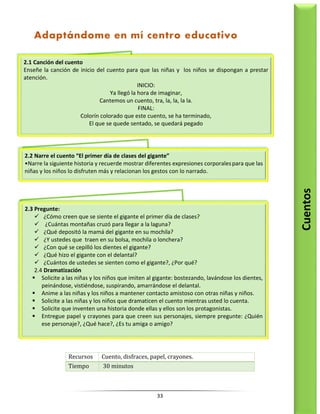 33
Recursos Cuento, disfraces, papel, crayones.
Tiempo 30 minutos
2.1 Canción del cuento
Enseñe la canción de inicio del cuento para que las niñas y los niños se dispongan a prestar
atención.
INICIO:
Ya llegó la hora de imaginar,
Cantemos un cuento, tra, la, la, la la.
FINAL:
Colorín colorado que este cuento, se ha terminado,
El que se quede sentado, se quedará pegado
Cuentos
2.2 Narre el cuento “El primer día de clases del gigante”
•Narre la siguiente historia y recuerde mostrar diferentes expresiones corporalespara que las
niñas y los niños lo disfruten más y relacionan los gestos con lo narrado.
Adaptándome en mí centro educativo
2.3 Pregunte:
 ¿Cómo creen que se siente el gigante el primer día de clases?
 ¿Cuántas montañas cruzó para llegar a la laguna?
 ¿Qué depositó la mamá del gigante en su mochila?
 ¿Y ustedes que traen en su bolsa, mochila o lonchera?
 ¿Con qué se cepilló los dientes el gigante?
 ¿Qué hizo el gigante con el delantal?
 ¿Cuántos de ustedes se sienten como el gigante?, ¿Por qué?
2.4 Dramatización
 Solicite a las niñas y los niños que imiten al gigante: bostezando, lavándose los dientes,
peinándose, vistiéndose, suspirando, amarrándose el delantal.
 Anime a las niñas y los niños a mantener contacto amistoso con otras niñas y niños.
 Solicite a las niñas y los niños que dramaticen el cuento mientras usted lo cuenta.
 Solicite que inventen una historia donde ellas y ellos son los protagonistas.
 Entregue papel y crayones para que creen sus personajes, siempre pregunte: ¿Quién
ese personaje?, ¿Qué hace?, ¿Es tu amiga o amigo?
 