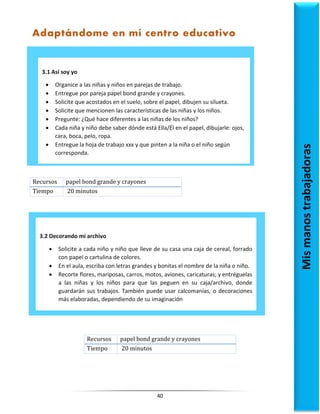 40
Recursos papel bond grande y crayones
Tiempo 20 minutos
Recursos papel bond grande y crayones
Tiempo 20 minutos
3.1 Así soy yo
 Organice a las niñas y niños en parejas de trabajo.
 Entregue por pareja papel bond grande y crayones.
 Solicite que acostados en el suelo, sobre el papel, dibujen su silueta.
 Solicite que mencionen las características de las niñas y los niños.
 Pregunte: ¿Qué hace diferentes a las niñas de los niños?
 Cada niña y niño debe saber dónde está Ella/Él en el papel, dibujarle: ojos,
cara, boca, pelo, ropa.
 Entregue la hoja de trabajo xxx y que pinten a la niña o el niño según
corresponda.
Mis
manos
trabajadoras
3.2 Decorando mi archivo
 Solicite a cada niño y niño que lleve de su casa una caja de cereal, forrado
con papel o cartulina de colores.
 En el aula, escriba con letras grandes y bonitas el nombre de la niña o niño.
 Recorte flores, mariposas, carros, motos, aviones, caricaturas; y entréguelas
a las niñas y los niños para que las peguen en su caja/archivo, donde
guardarán sus trabajos. También puede usar calcomanías, o decoraciones
más elaboradas, dependiendo de su imaginación
Adaptándome en mí centro educativo
 