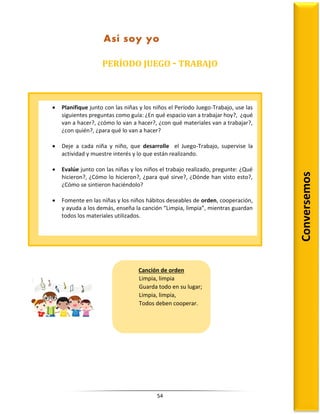 54
PERÍODO JUEGO - TRABAJO
 Planifique junto con las niñas y los niños el Período Juego-Trabajo, use las
siguientes preguntas como guía: ¿En qué espacio van a trabajar hoy?, ¿qué
van a hacer?, ¿cómo lo van a hacer?, ¿con qué materiales van a trabajar?,
¿con quién?, ¿para qué lo van a hacer?
 Deje a cada niña y niño, que desarrolle el Juego-Trabajo, supervise la
actividad y muestre interés y lo que están realizando.
 Evalúe junto con las niñas y los niños el trabajo realizado, pregunte: ¿Qué
hicieron?, ¿Cómo lo hicieron?, ¿para qué sirve?, ¿Dónde han visto esto?,
¿Cómo se sintieron haciéndolo?
 Fomente en las niñas y los niños hábitos deseables de orden, cooperación,
y ayuda a los demás, enseña la canción “Limpia, limpia”, mientras guardan
todos los materiales utilizados.
Canción de orden
Limpia, limpia
Guarda todo en su lugar;
Limpia, limpia,
Todos deben cooperar.
Así soy yo
Conversemos
 