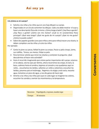 58
Recursos Papelógrafo, crayones, maskin tape
Tiempo 30 minutos
3.6 ¿Cómo es mi cuerpo?
 Solicite a las niñas y los niños que en una hoja dibujen su cuerpo.
 Organizados en un círculo comenten los dibujos. Cada uno debe mostrar el suyo y
hacer una descripción física de sí mismo. ¿Cómo tengo el pelo? ¿Soy flaca o gorda?,
¿Soy flaco o gordo? ¿Cómo son mis manos? ¿Cuál es mi característica física
principal? ¿Qué sexo tengo? ¿Qué me gusta de mi cuerpo? ¿Qué no me gusta?
¿Cómo lo puedo cuidar?
 Sobre dos papeles grandes (uno para niñas y otro para niños) tracen una silueta, la
deben completar una las niñas y la otra los niños.
Por ejemplo:
 Carlos le pone sus pecas, Rafael le pone sus orejas, Paula su pelo crespo, Jaime,
sus rodillas, Teresa, sus manos, Felipe su pelo.
 Para terminar solicite que miren las siluetas y contesten la pregunta: ¿Qué
descubrimos al hacer esta actividad?
 Guíe el recorrido imaginando que visitan partes importantes del cuerpo: estamos
en la cabeza, veo los ojos por dentro, ahora recorremos las orejas, la nariz, la
boca, subimos hasta el cerebro, bajamos al corazón y nos quedamos aquí un
ratito… escuchamos los latidos, saltamos un ratito y volvemos a escuchar los
latidos, pasamos para el estómago, llegamos a la vejiga y está vacía, necesita
agua, tomamos un poco de agua, y nos dio ganas de hacer pipí.
 Oriente a las niñas y los niños para que en cada lugar se imaginen los colores,
escuchen los sonidos y sientan los movimientos y la temperatura.
Así soy yo
Conversemos
 