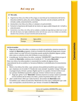 59
Recursos Agua, jabón.
Tiempo 30 minutos
Recursos Letras de la palabra AHORRATÍN, cajas.
Tiempo 30 minutos
3.7 Me cuido.
 Organice las niñas y los niños en fila y haga un recorrido por las instalaciones del Centro
Educativo (cafetería, patio, pila, cocina, bodega, dirección, aula de computo, portón de
entrada y salida, estacionamiento, canchas).
 Acostumbre a las niñas y los niños a ir solos(as) al cuarto de baño.
 Fomente la importancia del lavado de las manos con agua y jabón después de ir al baño y
antes de comer.
 Concientice a las niñas y los niños, de los cuidados y medidas de seguridad que debe tener al salir
del salón de clases y las reglas establecidas (evitar salir del aula, nunca irse o hablar con extraños;
abordar el bus correcto, no sacar la lonchera del aula de clase).
Conversemos
Así soy yo
3.8 Sé mi nombre
 Haga que las niñas y los niños se sienten en círculo y pregúntales, mientras muestra la
imagen de Ahorratín, pregunte: ¿Cuál es el nombre de esa bola de fuego junto a la que
vamos a hacer un viaje? (Si no lo recuerdan, puede ayudarles dándoles algunas pistas,
tales como: es caliente, es de color brillante, es una estrella, etc.)
 A medida que los las niñas y los niños contesten “AHORRATÍN”, haga énfasis en que el
nombre de Ahorratín. comienza con el sonido de 'A': “A es para Ahorratín.”
Nota: Las niñas y los niños pueden ir conociendo los sonidos de algunas letras,
especialmente las de su nombre, la Secuencia Didáctica 3, está dedicada al reconocimiento
fonético.
 Motive a las niñas y los niños a que piensen otras palabras/nombres que conocen y
que empiezan con el sonido ’A’. Puedes dar como ejemplo la palabra “amigo”. Pida que
se pongan de pie y formen parejas. Dígales que les va a ayudar a formar la letra A con
sus parejas. Enséñeles la posición y deje que formen la letra A con sus parejas.
 Haga que griten “A, de “Ahorratín” mientras mueven su cuerpo, repita la actividad
con los nombres de las niñas y los niños. ¿Cuál es la primera letra que ven?
 ¿Qué sonido tiene?, Diles que todas las letras del nombre de Ahorratín están
escondidas y que deben encontrarlas. Muéstrales las ocho cajas y explíqueles que cada
caja corresponde a una de las letras que forman el nombre de Ahorratín.
 