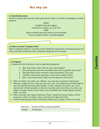 62
Recursos Cuento, disfraces, papel, plastilina.
Tiempo 30 minutos
2.1 Canción del cuento
Enseñe la canción de inicio del cuento para que las niñas y los niños se dispongan a prestar
atención.
INICIO:
Ya llegó la hora de imaginar,
Cantemos un cuento, tra, la, la, la la.
FINAL:
Colorín colorado que este cuento, se ha terminado,
El que se quede sentado, se quedará pegado
2.2 Narre el cuento “La pájara Pinta”
Narre la siguiente historia y recuerde mostrar diferentes expresiones corporales para que las
niñas y los niños lo disfruten más y relacionan los gestos con lo narrado.
2.3 Pregunte:
a. Después de leer la historia, haz las siguientes preguntas:
 ¿Qué hizo Pinta?, ¿Qué tipo de cosas coleccionaba?
 ¿Por qué piensan que ella necesitaba coleccionar y guardar esas cosas?
 ¿Recogía Pinta ramas cortantes u hojas punzantes? ¿Por qué?
 ¿Ustedes coleccionan y guardan cosas como la pájara Pinta?
 ¿Qué cosas coleccionan?, ¿Qué cosas les gustaría coleccionar?
b. Pida a las niñas y los niños que dibujen una cosa que les gustaría coleccionar.
c. Pida que traigan de sus casas una caja para que en la siguiente actividad hagan la
caja de viaje de Ahorratín, pida el grupo en dos. Informe a los niños que van a
representar a Pinta haciendo su nido. Si es posible, pida a las niñas y los niños que
salgan y recojan ramas y hojas viejas. Si no es posible salir, traiga algunas ramas y
hojas a la clase.
d. Pida a un grupo que haga el nido para Pinta, usando las ramas y hojas y al otro
grupo que cubra, con hojas viejas, el recorte de la figura de Pinta.
e. Cuando ambos grupos hayan terminado, pídales que pongan a Pinta en su nido.
Cuentos
Así soy yo
 