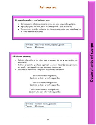 67
Recursos Rociadores, pajillas, esponjas, pailas.
Tiempo 20 minutos
Recursos Humano, música, pandero
Tiempo 20 minutos
4.1 Juegos integradores en el patio con agua.
 Con rociadores o brochas: rociar o pintar con agua las paredes y el piso.
 Agregar pajillas, llenarlos, pasar de un recipiente a otro (trasvasar).
 Con esponjas: lavar los muñecos, los elementos de cocina para luego llevarlos
al sector de dramatizaciones.
Desarrollando
mi
cuerpo
Así soy yo
4.2 Bailando las manos
 Solicite a las niñas y los niños que se pongan de pie y que canten con
entusiasmo.
 Instruya a las niñas y niños a jugar con canciones haciendo las expresiones
corporales correspondientes con las manos y su cuerpo.
 Solicite que memoricen y hagan los movimientos de la rima.
Saco una manito la hago bailar,
La cierro, la abro y la vuelvo a guardar.
Saco otra manito la hago bailar,
La cierro, la abro y la vuelvo a guardar.
Saco las dos manitos, las hago bailar,
Las cierro, las abro y las vuelvo a guardar.
 