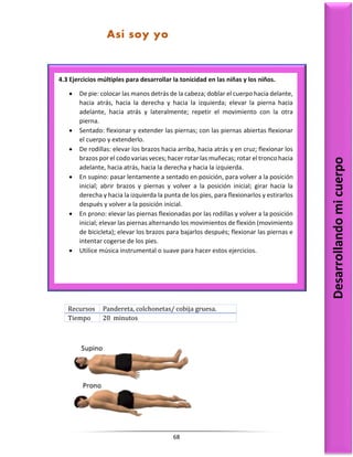 68
Recursos Pandereta, colchonetas/ cobija gruesa.
Tiempo 20 minutos
4.3 Ejercicios múltiples para desarrollar la tonicidad en las niñas y los niños.
 De pie: colocar las manos detrás de la cabeza; doblar el cuerpo hacia delante,
hacia atrás, hacia la derecha y hacia la izquierda; elevar la pierna hacia
adelante, hacia atrás y lateralmente; repetir el movimiento con la otra
pierna.
 Sentado: flexionar y extender las piernas; con las piernas abiertas flexionar
el cuerpo y extenderlo.
 De rodillas: elevar los brazos hacia arriba, hacia atrás y en cruz; flexionar los
brazos por el codo varias veces; hacer rotar las muñecas; rotar el tronco hacia
adelante, hacia atrás, hacia la derecha y hacia la izquierda.
 En supino: pasar lentamente a sentado en posición, para volver a la posición
inicial; abrir brazos y piernas y volver a la posición inicial; girar hacia la
derecha y hacia la izquierda la punta de los pies, para flexionarlos y estirarlos
después y volver a la posición inicial.
 En prono: elevar las piernas flexionadas por las rodillas y volver a la posición
inicial; elevar las piernas alternando los movimientos de flexión (movimiento
de bicicleta); elevar los brazos para bajarlos después; flexionar las piernas e
intentar cogerse de los pies.
 Utilice música instrumental o suave para hacer estos ejercicios.
Desarrollando
mi
cuerpo
Así soy yo
 