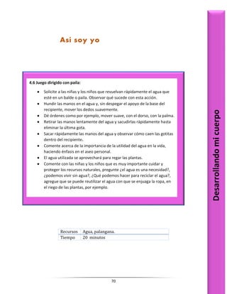70
Recursos Agua, palangana.
Tiempo 20 minutos
Así soy yo
4.6 Juego dirigido con paila:
 Solicite a las niñas y los niños que revuelvan rápidamente el agua que
esté en un balde o paila. Observar qué sucede con esta acción.
 Hundir las manos en el agua y, sin despegar el apoyo de la base del
recipiente, mover los dedos suavemente.
 Dé órdenes como por ejemplo, mover suave, con el dorso, con la palma.
 Retirar las manos lentamente del agua y sacudirlas rápidamente hasta
eliminar la última gota.
 Sacar rápidamente las manos del agua y observar cómo caen las gotitas
dentro del recipiente.
 Comente acerca de la importancia de la utilidad del agua en la vida,
haciendo énfasis en el aseo personal.
 El agua utilizada se aprovechará para regar las plantas.
 Comente con las niñas y los niños que es muy importante cuidar y
proteger los recursos naturales, pregunte ¿el agua es una necesidad?,
¿podemos vivir sin agua?, ¿Qué podemos hacer para reciclar el agua?,
agregue que se puede reutilizar el agua con que se enjuaga la ropa, en
el riego de las plantas, por ejemplo.
Desarrollando
mi
cuerpo
 