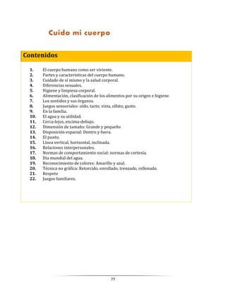 77
Contenidos
1. El cuerpo humano como ser viviente.
2. Partes y características del cuerpo humano.
3. Cuidado de sí mismo y la salud corporal.
4. Diferencias sexuales.
5. Higiene y limpieza corporal.
6. Alimentación, clasificación de los alimentos por su origen e higiene.
7. Los sentidos y sus órganos.
8. Juegos sensoriales: oído, tacto, vista, olfato, gusto.
9. En la familia.
10. El agua y su utilidad.
11. Cerca-lejos, encima-debajo.
12. Dimensión de tamaño: Grande y pequeño
13. Disposición espacial: Dentro y fuera.
14. El punto.
15. Línea vertical, horizontal, inclinada.
16. Relaciones interpersonales.
17. Normas de comportamiento social: normas de cortesía.
18. Día mundial del agua.
19. Reconocimiento de colores: Amarillo y azul.
20. Técnica no gráfica: Retorcido, enrollado, trenzado, rellenado.
21. Respeto
22. Juegos familiares.
Cuido mi cuerpo
 