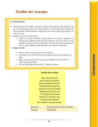 86
Recursos Varios objetos de color amarillo
Tiempo 20 minutos
1.7 El día del color
 Solicite apoyo a las madres, padres o tutores para celebrar el día del color, de
tal manera que las niñas y los niños lleguen al Centro Educativo vestido de
color amarillo. Señale todos los objetos de ese mismo color que tenga en el
aula y la casa.
 Pregunte a las niñas y los niños:
 ¿Cuál es su color favorito?, ¿Qué color es su camisa, vestido o la
prenda que traigan puesta de color amarillo?, ¿De qué color son los
pollitos?, ¿De qué color es el girasol?, ¿De qué color son los granos de
maíz?, ¿Qué cuidados debemos tener para evitar accidentes?
 Juego veo-veo
• Elija un color, en este caso el color amarillo.
• Las niñas y los niños tienen que ver todas las cosas que haya de ese
color.
• Diga a las niñas y los niños: veo-veo un objeto de color amarillo….
Todos salen a buscarlo.
• Veo un objeto de color amarillo…. Nadie se mueve.
Conversemos
Cuido mi cuerpo
Canción de los colores
Rojo, amarillo y azul,
Son los colores primarios,
Que al combinarse entre sí,
Formarán los secundarios,
Verde es con azul y amarillo
Morado es con azul y rojo
Y el naranja tan hermoso
Se hace con amarillo y rojo
El rosado viene después
Con el blanco y un poco de rojo.
 