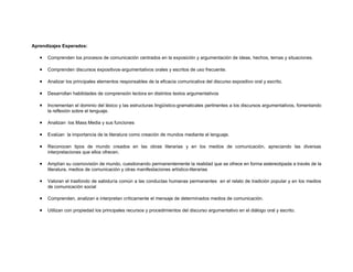 Aprendizajes Esperados:

   •   Comprenden los procesos de comunicación centrados en la exposición y argumentación de ideas, hechos, temas y situaciones.

   •   Comprenden discursos expositivos-argumentativos orales y escritos de uso frecuente.

   •   Analizar los principales elementos responsables de la eficacia comunicativa del discurso expositivo oral y escrito.

   •   Desarrollan habilidades de comprensión lectora en distintos textos argumentativos

   •   Incrementan el dominio del léxico y las estructuras lingüístico-gramaticales pertinentes a los discursos argumentativos, fomentando
       la reflexión sobre el lenguaje.

   •   Analizan los Mass Media y sus funciones

   •   Evalúan la importancia de la literatura como creación de mundos mediante el lenguaje.

   •   Reconocen tipos de mundo creados en las obras literarias y en los medios de comunicación, apreciando las diversas
       interpretaciones que ellos ofrecen.

   •   Amplían su cosmovisión de mundo, cuestionando permanentemente la realidad que se ofrece en forma estereotipada a través de la
       literatura, medios de comunicación y otras manifestaciones artístico-literarias

   •   Valoran el trasfondo de sabiduría común a las conductas humanas permanentes en el relato de tradición popular y en los medios
       de comunicación social

   •   Comprenden, analizan e interpretan críticamente el mensaje de determinados medios de comunicación.

   •   Utilizan con propiedad los principales recursos y procedimientos del discurso argumentativo en el diálogo oral y escrito.
 