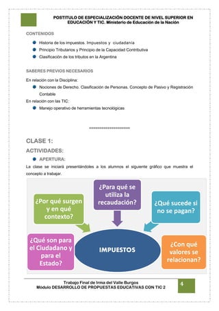 POSTITULO DE ESPECIALIZACIÓN DOCENTE DE NIVEL SUPERIOR EN
EDUCACIÓN Y TIC. Ministerio de Educación de la Nación
Trabajo Final de Irma del Valle Burgos
Módulo DESARROLLO DE PROPUESTAS EDUCATIVAS CON TIC 2
4
CONTENIDOS
Historia de los impuestos. Impuestos y ciudadanía
Principio Tributarios y Principio de la Capacidad Contributiva
Clasificación de los tributos en la Argentina
SABERES PREVIOS NECESARIOS
En relación con la Disciplina:
Nociones de Derecho. Clasificación de Personas. Concepto de Pasivo y Registración
Contable
En relación con las TIC:
Manejo operativo de herramientas tecnológicas
°°°°°°°°°°°°°°°°°°°°
CLASE 1:
ACTIVIDADES:
APERTURA:
La clase se iniciará presentándoles a los alumnos el siguiente gráfico que muestra el
concepto a trabajar.
IMPUESTOS
¿Qué son para
el Ciudadano y
para el
Estado?
¿Por qué surgen
y en qué
contexto?
¿Para qué se
utiliza la
recaudación? ¿Qué sucede si
no se pagan?
¿Con qué
valores se
relacionan?
 