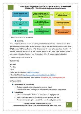 POSTITULO DE ESPECIALIZACIÓN DOCENTE DE NIVEL SUPERIOR EN
EDUCACIÓN Y TIC. Ministerio de Educación de la Nación
Trabajo Final de Irma del Valle Burgos
Módulo DESARROLLO DE PROPUESTAS EDUCATIVAS CON TIC 2
9
TIEMPO PREVISTO: 35 Minutos
CIERRE:
Cada pareja de alumnos enviará el cuento por email o lo compartirá a través del pen drive a
la profesora y al resto de los compañeros para que lo lean y lo valoren utilizando las letras
“B” (Buenos), “MB” (Muy Bueno) y “E” (Excelente). Se leerá el/los cuento/s elegidos y la
docente hará una devolución de los trabajos realizados en base a los errores, logros y
respuestas mejoradas, haciendo una síntesis de revisión de los conceptos trabajados.
TIEMPO PREVISTO: 20 Minutos
RECURSOS
Netbooks
Pen Drive
E-mail
Página web de consulta: www.afip.gov.ar
Tutorial de Tikatot: http://www.youtube.com/watch?v=-yj_Jx2lKn8
Material de consulta preparado por la docente: Impuestos_afip_contribuyentes_Pdf.
EVALUACIÓN:
Instrumento de Evaluación
- Trabajo realizado en Word u otra herramienta digital
- Coevaluación como estrategia de retroalimentación entre los compañeros
Indicadores
- Intervenciones de los alumnos en el recorrido de la página web
- Relacionan los propios conocimientos con el contenido On line
- Transfieren los conceptos a la actividad con claridad y coherencia.
¿Cuál es la función de la
AFIP?
¿Cuál es la función de la
DGI?
¿Qué pasos se sigue para
obtener el CUIT y la clave
fiscal?
¿Quiénes son
contribuyentes según la
AFIP?
¿Porqué se dice
Contribuyente del Régimen
General?
¿Qué impuestos paga el
Contribuyente del Régimen
General?
¿Porqué se dice que es
Monotributista?
¿Qué impuesto paga el
Monotributista?
¿Qué hace el contribuyente
si es empleador?
 