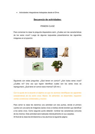 · Actividades integradoras trabajadas desde el Drive. 
Secuencia de actividades: 
PRIMERA CLASE 
Para comenzar la clase la pregunta disparadora será: ¿Cuáles son las características 
de los seres vivos? Luego de algunas respuestas presentaremos las siguientes 
imágenes en el pizarrón: 
Siguiendo con estas preguntas: ¿Qué tienen en común? ¿Son todos seres vivos? 
¿Cuáles no? Una vez que logren identificar cuales son los seres vivos se 
repreguntará: ¿Qué tiene en común esos mismos? (25 min.) 
Con la ayuda de la docente el objetivo es que los alumnos identifiques las siguientes 
características de los seres vivos: Nacen, Se alimentan, se desarrollan, requieren 
ciertas condiciones ambientales y mueren. 
Para cerrar la clase les daremos una actividad con dos puntos, donde el primero 
cuente con una serie de imágenes (seres vivos e inertes) donde tendrán que identificar 
a los seres vivos. Como segundo punto deberán nombrar las caracterizas comunes 
de los mismos. Esta actividad será realizada individualmente en sus carpetas. 
Al final de la clase les brindaremos a los alumnos la siguiente página: 
 