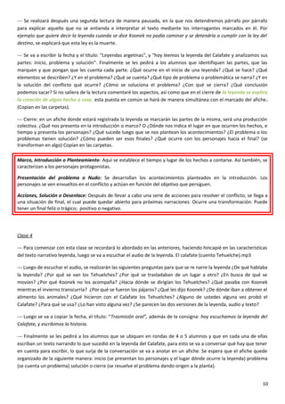 --- Se realizará después una segunda lectura de manera pausada, en la que nos detendremos párrafo por párrafo
para explicar aquello que no se entienda e interpretar el texto mediante los interrogantes marcados en él. Por
ejemplo que quiere decir la leyenda cuando se dice Koonek no podía caminar y se detendría a cumplir con la ley del
destino, se explicará que esta ley es la muerte.
--- Se va a escribir la fecha y el título: “Leyendas argetinas”, y “hoy leemos la leyenda del Calafate y analizamos sus
partes: inicio, problema y solución”. Finalmente se les pedirá a los alumnos que identifiquen las partes, que las
marquen y que pongan que les cuenta cada parte. ¿Qué ocurre en el inicio de una leyenda? ¿Qué se hace? ¿Qué
elementos se describen? ¿Y en el problema? ¿Qué se cuenta? ¿Qué tipo de problema o problemática se narra? ¿Y en
la solución del conflicto qué ocurre? ¿Cómo se soluciona el problema? ¿Con qué se cierra? ¿Qué conclusión
podemos sacar? Si no saliera de la lectura comentaré los aspectos, así como que en el cierre de la leyenda se explica
la creación de algún hecho o cosa, esta puesta en común se hará de manera simultánea con el marcado del afiche.
(Copian en las carpetas).
--- Cierre: en un afiche donde estará registrada la leyenda se marcarán las partes de la misma, será una producción
colectiva. ¿Qué nos presenta en la introducción o marco? O ¿Dónde nos indica el lugar en que ocurren los hechos, e
tiempo y presenta los personajes? ¿Qué sucede luego que se nos plantean los acontecimientos? ¿El problema o los
problemas tienen solución? ¿Cómo pueden ser esos finales? ¿Qué ocurre con los personajes hacia el final? (se
transforman en algo) Copian en las carpetas.
Marco, Introducción o Planteamiento: Aquí se establece el tiempo y lugar de los hechos a contarse. Así también, se
caracterizan a los personajes protagonistas.
Presentación del problema o Nudo: Se desarrollan los acontecimientos planteados en la introducción. Los
personajes se ven envueltos en el conflicto y actúan en función del objetivo que persiguen.
Acciones, Solución o Desenlace: Después de llevar a cabo una serie de acciones para resolver el conflicto, se llega a
una situación de final, el cual puede quedar abierto para próximas narraciones. Ocurre una transformación. Puede
tener un final feliz o trágico; positivo o negativo.
Clase 4
--- Para comenzar con esta clase se recordará lo abordado en las anteriores, haciendo hincapié en las características
del texto narrativo leyenda, luego se va a escuchar el audio de la leyenda. El calafate (cuento Tehuelche).mp3
--- Luego de escuchar el audio, se realizarán las siguientes preguntas para que se re narre la leyenda ¿De qué hablaba
la leyenda? ¿Por qué se van los Tehuelches? ¿Por qué se trasladaban de un lugar a otro? ¿En busca de qué se
movían? ¿Por qué Koonek no los acompaña? ¿Hacia dónde se dirigían los Tehuelches? ¿Qué pasaba con Koonek
mientras el invierno transcurría? ¿Por qué se fueron los pájaros? ¿Qué les dijo Koonek? ¿De dónde iban a obtener el
alimento los animales? ¿Qué hicieron con el Calafate los Tehuelches? ¿Alguno de ustedes alguna vez probó el
Calafate? ¿Para qué se usa? ¿Lo han visto alguna vez? ¿Se parecen las dos versiones de la leyenda, audio y texto?
--- Luego se va a copiar la fecha, el título: “Trasmisión oral”, además de la consigna: hoy escuchamos la leyenda del
Calafate, y escribimos la historia.
--- Finalmente se les pedirá a los alumnos que se ubiquen en rondas de 4 o 5 alumnos y que en cada una de ellas
escriban un texto narrando lo que sucedió en la leyenda del Calafate, para esto se va a conversar qué hay que tener
en cuenta para escribir, lo que surja de la conversación se va a anotar en un afiche. Se espera que el afiche quede
organizado de la siguiente manera: inicio (se presentan los personajes y el lugar dónde ocurre la leyenda) problema
(se cuenta un problema) solución o cierre (se resuelve el problema dando origen a la planta).
10
 