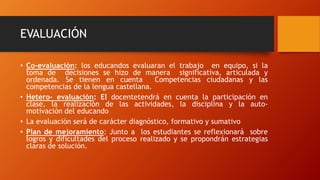 EVALUACIÓN
• Co-evaluación: los educandos evaluaran el trabajo en equipo, si la
toma de decisiones se hizo de manera significativa, articulada y
ordenada. Se tienen en cuenta Competencias ciudadanas y las
competencias de la lengua castellana.
• Hetero- evaluación: El docentetendrá en cuenta la participación en
clase, la realización de las actividades, la disciplina y la auto-
motivación del educando
• La evaluación será de carácter diagnóstico, formativo y sumativo
• Plan de mejoramiento: Junto a los estudiantes se reflexionará sobre
logros y dificultades del proceso realizado y se propondrán estrategias
claras de solución.
 