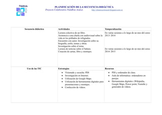 PLANIFICACIÓN DE LA SECUENCIA DIDÁCTICA 
Proyecto Colaborativo PalaBras AzuLes http://elmarescolorazul.blogspot.com.es/ 
Secuencia didáctica Actividades Temporalización 
Lectura colectiva de un libro. 
Asistencia a una charla con audiovisual sobre la 
vida en los poblados de refugiados. 
Encuentro con autor. Investigación sobre su 
biografía, estilo, temas y obras. 
Investigación sobre el tema. 
Lectura de noticias sobre el Sahara. 
Creación de cartas, libro y montajes. 
En varias sesiones a lo largo de un mes del curso 
2013/ 2014 
En varias sesiones a lo largo de un mes del curso 
2014/ 2015 
Uso de las TIC Estrategias Recursos 
· Visionado y escucha: PDI 
· Investigación en Internet. 
· Utilización de Google Maps. 
· Utilización de herramientas digitales para 
presentaciones y montajes. 
· Confección de vídeos. 
· PDI y ordenador de clase. 
· Aula de informática: ordenadores en 
parejas. 
· Herramientas digitales: (Wikipedia, 
Google Maps, Power point, Youtube y 
generador de vídeos. 
 
