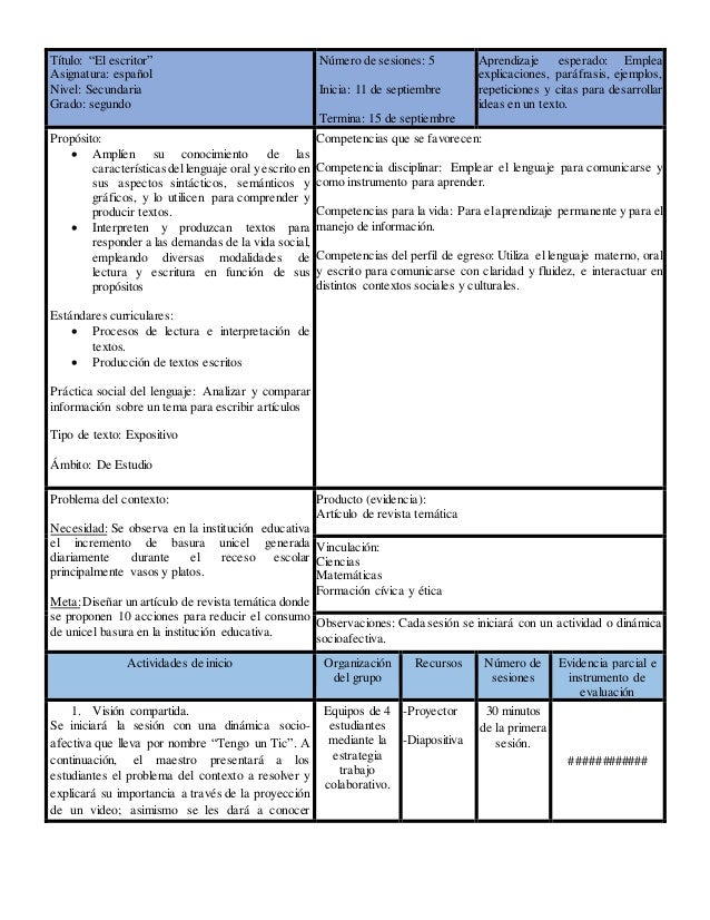 Secuencia didáctica español 2do de secundaria