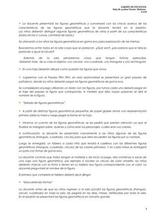 JARDÍN DE INFANTES
Sala de 4 años Turno: Mañana
2.016
• La docente presentará las figuras geométricas y conversará con los chicos acerca de las
características de las figuras geométricas que la docente tendrá en el pizarrón.
Los niños deberán distinguir algunas figuras geométricas de otras a partir de sus características
(lados rectos o curvos, cantidad de lados.)
Se ofrecerán a los niños las figuras geométricas en goma eva para exploración de las mismas.
Buscaremos entre todos en la sala cosas que se parezcan. ¿Qué ven?, ¿Les parece que el reloj es
parecido o igual al círculo?
Además de la sala pensaremos cosas que tengan formas parecidas.
-Deberán traer de su casa 4 objetos: uno circular, uno cuadrado, uno triangular y uno rectangular.
• En una hoja deberán dibujar como puedan las figuras que vimos.
• Jugaremos con el Payaso Plim Plim, en esta oportunidad se presentara un gran payaso de
pañolenci, donde los niños deberán pegar las figuras geométricas de goma eva.
Se complejizara el juego utilizando un dado con las figuras, por turnos cada uno deberá pegar en
el traje del payaso la figura que corresponda. A medida que ellos vayan pasando se dirá el
nombre de la figura.
• “Sellado de figuras geométricas”.
• A partir de distintas figuras geométricas pequeñas de papel glasee armar una representación
primero sobre la mesa y luego pegar la forma en la hoja.
• Veamos un cuento de las figuras geométricas: se les pedirá que presten atención ya que al
finalizar se indagara sobre, quiénes y cómo eran los personajes, cuáles eran sus colores,
A continuación, la docente les presentará nuevamente a los niños algunas de las figuras
geométricas (triángulo, cuadrado, círculo) para que ellos recuerden las figuras por su nombre.
Luego se entregará, un tablero a cada niño que tendrá 4 casilleros con las diferentes figuras
geométricas (triangulo, cuadrado, circulo) de los colores primarios. Y en cada mesa se entregará
un pote con fichas de goma eva.
La docente controla que todos tengan el material y da inicio al juego, ella comienza a sacar de
una caja una figura geométrica, por ejemplo si tocaría un círculo de color amarillo, los niños
deberán marcar con la ficha si tienen en su tablero esa figura correspondiente con el color. La
docente preguntará el nombre de la figura.
El primero que complete el tablero deberá decir ¡Bingo!
• “Descubriendo formas”
La docente antes de que los niños ingresen a la sala pondrá las figuras geométricas (triangulo,
circulo, cuadrado) en toda la sala, las pegará en las sillas, mesas, distribuidas por toda la sala.
En el pizarrón se presentará las figuras geométricas en tamaño grande.
3
 