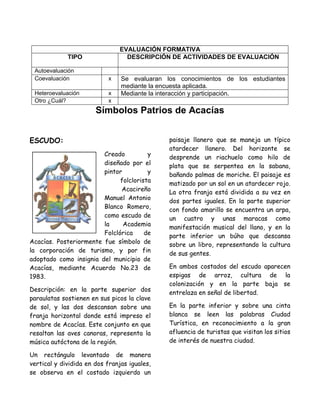 EVALUACIÓN FORMATIVA
TIPO DESCRIPCIÓN DE ACTIVIDADES DE EVALUACIÓN
Autoevaluación
Coevaluación x Se evaluaran los conocimientos de los estudiantes
mediante la encuesta aplicada.
Heteroevaluación x Mediante la interacción y participación.
Otro ¿Cuál? x
Símbolos Patrios de Acacías
ESCUDO:
Creado y
diseñado por el
pintor y
folclorista
Acacireño
Manuel Antonio
Blanco Romero,
como escudo de
la Academia
Folclórica de
Acacías. Posteriormente fue símbolo de
la corporación de turismo, y por fin
adoptado como insignia del municipio de
Acacías, mediante Acuerdo No.23 de
1983.
Descripción: en la parte superior dos
paraulatas sostienen en sus picos la clave
de sol, y las dos descansan sobre una
franja horizontal donde está impreso el
nombre de Acacías. Este conjunto en que
resaltan las aves canoras, representa la
música autóctona de la región.
Un rectángulo levantado de manera
vertical y dividida en dos franjas iguales,
se observa en el costado izquierdo un
paisaje llanero que se maneja un típico
atardecer llanero. Del horizonte se
desprende un riachuelo como hilo de
plata que se serpentea en la sabana,
bañando palmas de moriche. El paisaje es
matizado por un sol en un atardecer rojo.
La otra franja está dividida a su vez en
dos partes iguales. En la parte superior
con fondo amarillo se encuentra un arpa,
un cuatro y unas maracas como
manifestación musical del llano, y en la
parte inferior un búho que descansa
sobre un libro, representando la cultura
de sus gentes.
En ambos costados del escudo aparecen
espigas de arroz, cultura de la
colonización y en la parte baja se
entrelaza en señal de libertad.
En la parte inferior y sobre una cinta
blanca se leen las palabras Ciudad
Turística, en reconocimiento a la gran
afluencia de turistas que visitan los sitios
de interés de nuestra ciudad.
 