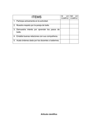 ITEMS SI LO
CUMPLE
NO LO
CUMPLE
1. Participa activamente en la actividad.
2. Muestra respeto por la pareja de baile.
3. Demuestra interés por aprender los pasos de
baile.
4. Entabla buenas relaciones con sus compañeros.
5. Acata órdenes dada por los docentes o bailarines.
Artículo científico
 