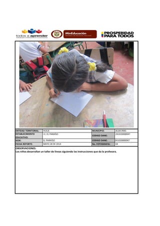 ENTIDAD TERRITORIAL: HUILA MUNICIPIO: ALGECIRAS
ESTABLECIMIENTO
EDUCATIVO:
I.E. EL PARAÍSO
CODIGO DANE:
241020000047
SEDE: EL PARAÍSO CODIGO DANE: 241020000047
FECHA REPORTE: No. FOTOGRAFIA:
OBSERVACIONES:
Los niños desarrollan un taller de líneas siguiendo las instrucciones que da la profesora.
MAYO 28 DE 2014 04
 