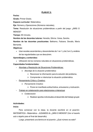 PLAN N° 2:
Fecha:
Grado: Primer Grado.
Espacio curricular: Matemática.
Eje: Número y Operaciones (Números naturales).
Tema: Resolución de situaciones problemáticas a partir del juego: ¿MÁS O
MENOS?
Tiempo: 80 minutos.
Nombre de las docentes tutoras: Heredia, Silvina. Varas, Sandra.
Nombre de las docentes practicantes: Beltramo, Fabiana. Devalis, María
Bernarda.
Objetivos:
• Usar escalas ascendentes y descendentes de 1 en 1 y de 2 en 2 y análisis
de las regularidades que se descubren.
Aprendizajes y contenidos:
• Utilización de los números naturales en situaciones problemáticas.
Capacidades fundamentales:
- Abordaje y Resolución de Situaciones Problemáticas:
• Abordaje de la situación problemática:
➢ Reconocer la información para la solución del problema.
➢ Comprender e interiorizar la situación problemática.
- Pensamiento Crítico y Creativo:
• Pensamiento Creativo
➢ Poner en manifiesto actitud lúdica, entusiasmo y motivación.
- Trabajo en colaboración para relacionarse e interactuar
• Colaboración
➢ Realizar aportes individuales al desarrollo del trabajo grupal.
Actividades:
Inicio:
Para comenzar con la clase, la docente escribirá en el pizarrón:
MATEMÁTICA - Matemática - JUGAMOS AL ¿MÁS O MENOS? (Ver si hacerlo
acá o dejarlo para el final del desarrollo)
Luego, presentará una lámina en el pizarrón: ¿Qué número es este?
 