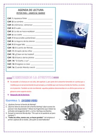 5
¡¡¡¡¡¡COMENZAMOS la aventura!!!!!!
❖ Se procede a la lectura en voz alta, del capítulo 1, por parte de la docente tomando en cuenta que a
medida que se van presentando los personajes y a medida que van transcurriendo los hechos, se anota
en el pizarrón. También se irán escribiendo aquellas palabras desconocidas en un afiche para armar un
glosario como soporte áulico.
❖ Después de la lectura:
Capítulo 1. Aparece Peter
1. ¿Quiénes forman la familia de Wendy?
2. ¿Qué les llama la atención de la familia Darling? ¿Qué sucesos les
parecen más disparatados? Relean los fragmentos que relatan las
actitudes extravagantes del Sr. y la Sra. Darling y escríbanlos.
3. Porqué la mamá de Wendy dijo: ‘’Por qué no te quedarás así para
siempre”?
4. “Todos los niños, menos uno, se hacen grandes”. Así empieza el
primer capítulo de la novela. ¿De quién se está hablando?
AGENDA DE LECTURA
PETER PAN – JAMES M. BARRIE
CAP. 1: Aparece Peter ____________________________
CAP. 2: La sombra ________________________________
CAP. 3: ¡Vámonos, vámonos! _____________________
CAP. 4: El vuelo ____________________________________
CAP. 5: La isla se hace realidad ___________________
CAP. 6: La casita _________________________________
CAP. 7: El escondite subterráneo ___________________
CAP. 8: La laguna de las sirenas ___________________
CAP. 9: El hogar feliz ______________________________
CAP. 10: El cuento de Wendy ______________________
CAP. 11: El rapto de los niños ______________________
CAP. 12: ¿Creen en las hadas? ____________________
CAP. 13: El barco de los piratas ____________________
CAP. 14: ”O Garfio, o yo” ___________________________
CAP. 15: El regreso a casa _________________________
CAP. 16: Cuando Wendy creció ____________________
 