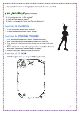 6
5. ¿Por qué no tenían niñera los Darling? ¿Quién se encargaba de cuidar a los niños?
Y TÚ, ¿QUÉ OPINAS? (intercambio oral)
a) ¿Crees que no crecer es algo positivo?
b) ¿Qué significa no querer crecer?
c) ¿Qué crees que pueden lograr los niños cuando crecen?
Capítulo 2. La sombra
1. ¿Cómo encuentra la señora Darling la sombra?
2. ¿Por qué decide no mostrársela al señor Darling?
Capítulo 3. ¡Vámonos, vámonos!
1. ¿Qué personaje aparece en este capítulo? ¿Qué función cumple?
2. Peter encuentra su sombra; sin embargo, se pone a llorar: ¿por qué?
3. Peter le comenta a Wendy porque razón desaparecen las hadas, ¿cuál es esa
razón?
4. Relean el fragmento en el que Wendy acepta darle un beso a Peter. Traten de
explicar por qué creen que Peter no sabe qué es un beso
5. ¿Por qué Peter quiere que Wendy vaya con él a la isla?
Capítulo 4. El vuelo
1. ¿Cómo te imaginas el país de nunca jamás? Dibújalo y Describilo
 