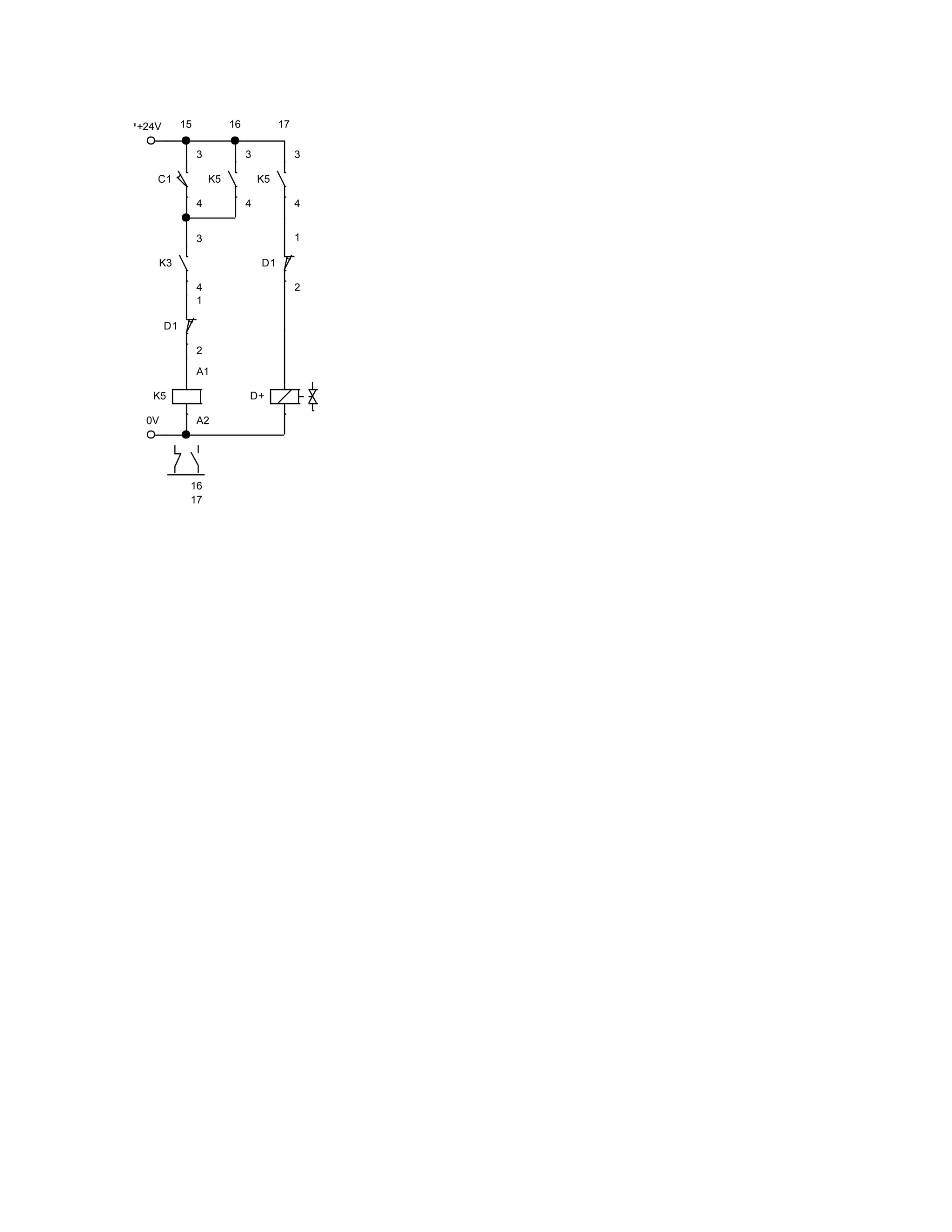 +24V
0V
C1
3
4
K3
3
4
K5
3
4
D1
1
2
K5
A1
A2
K5
3
4
D1
1
2
D+
15 16 17
16
17
 