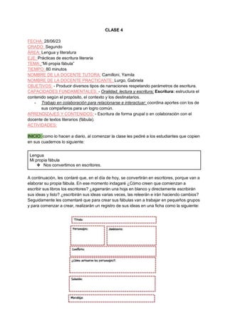 CLASE 4
FECHA: 28/06/23
GRADO: Segundo
ÁREA: Lengua y literatura
EJE: Prácticas de escritura literaria
TEMA: “Mi propia fábula”
TIEMPO: 80 minutos
NOMBRE DE LA DOCENTE TUTORA: Camilloni, Yamila
NOMBRE DE LA DOCENTE PRACTICANTE: Lurgo, Gabriela
OBJETIVOS: - Producir diversos tipos de narraciones respetando parámetros de escritura.
CAPACIDADES FUNDAMENTALES: - Oralidad, lectura y escritura; Escritura: estructura el
contenido según el propósito, el contexto y los destinatarios.
- Trabajo en colaboración para relacionarse e interactuar: coordina aportes con los de
sus compañeros para un logro común.
APRENDIZAJES Y CONTENIDOS: - Escritura de forma grupal o en colaboración con el
docente de textos literarios (fábula).
ACTIVIDADES:
INICIO: como lo hacen a diario, al comenzar la clase les pediré a los estudiantes que copien
en sus cuadernos lo siguiente:
Lengua
Mi propia fábula
❖ Nos convertimos en escritores.
A continuación, les contaré que, en el día de hoy, se convertirán en escritores, porque van a
elaborar su propia fábula. En ese momento indagaré ¿Cómo creen que comienzan a
escribir sus libros los escritores? ¿agarrarán una hoja en blanco y directamente escribirán
sus ideas y listo? ¿escribirán sus ideas varias veces, las releerán e irán haciendo cambios?
Seguidamente les comentaré que para crear sus fábulas van a trabajar en pequeños grupos
y para comenzar a crear, realizarán un registro de sus ideas en una ficha como la siguiente:
 