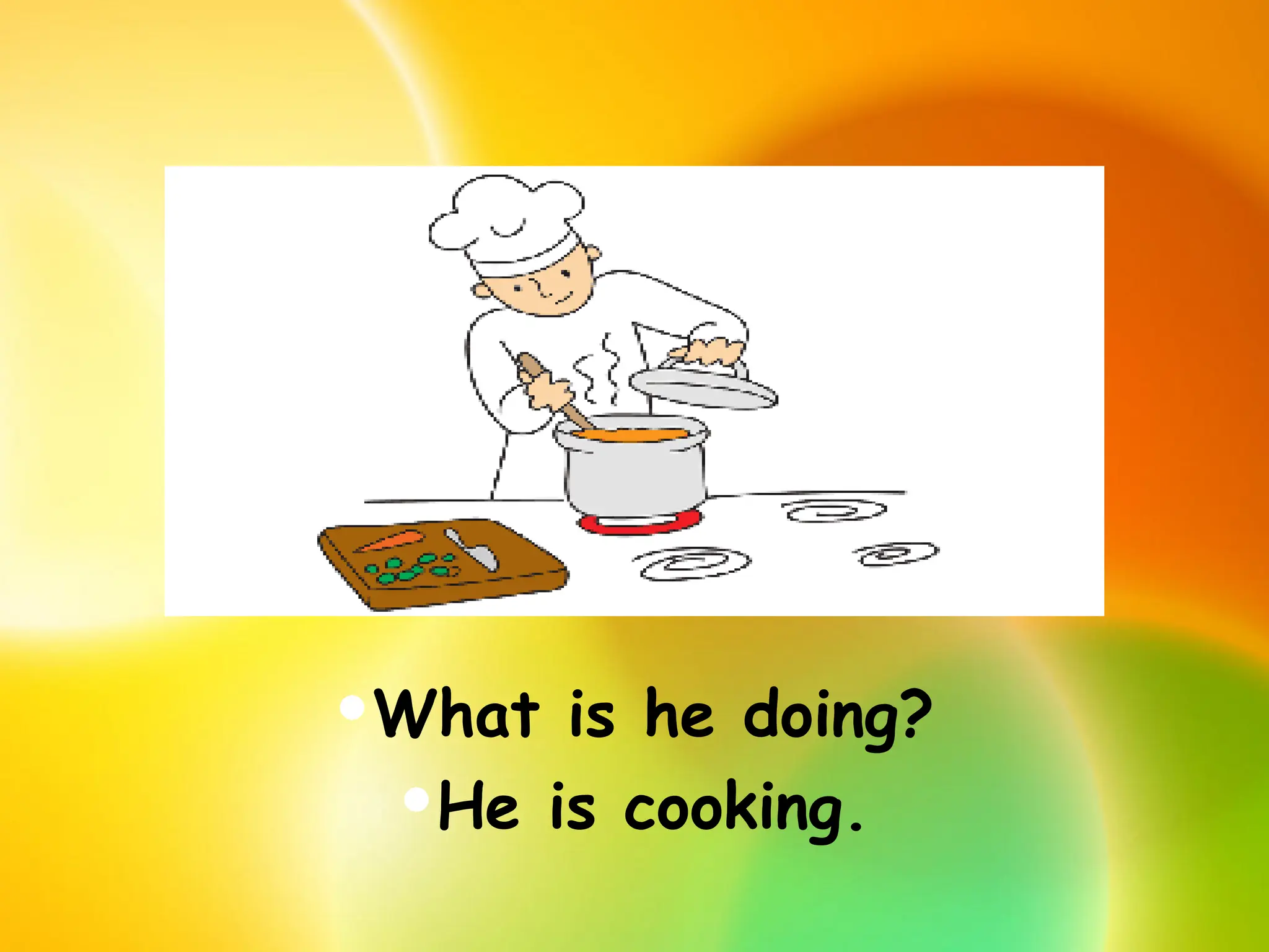 What is he doing?
He is cooking.
 