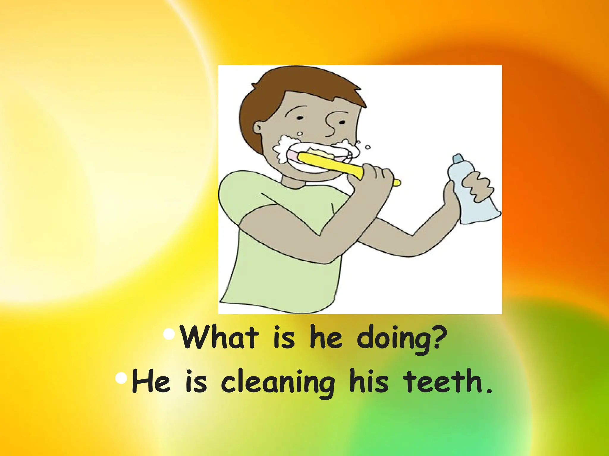 What is he doing?
He is cleaning his teeth.
 