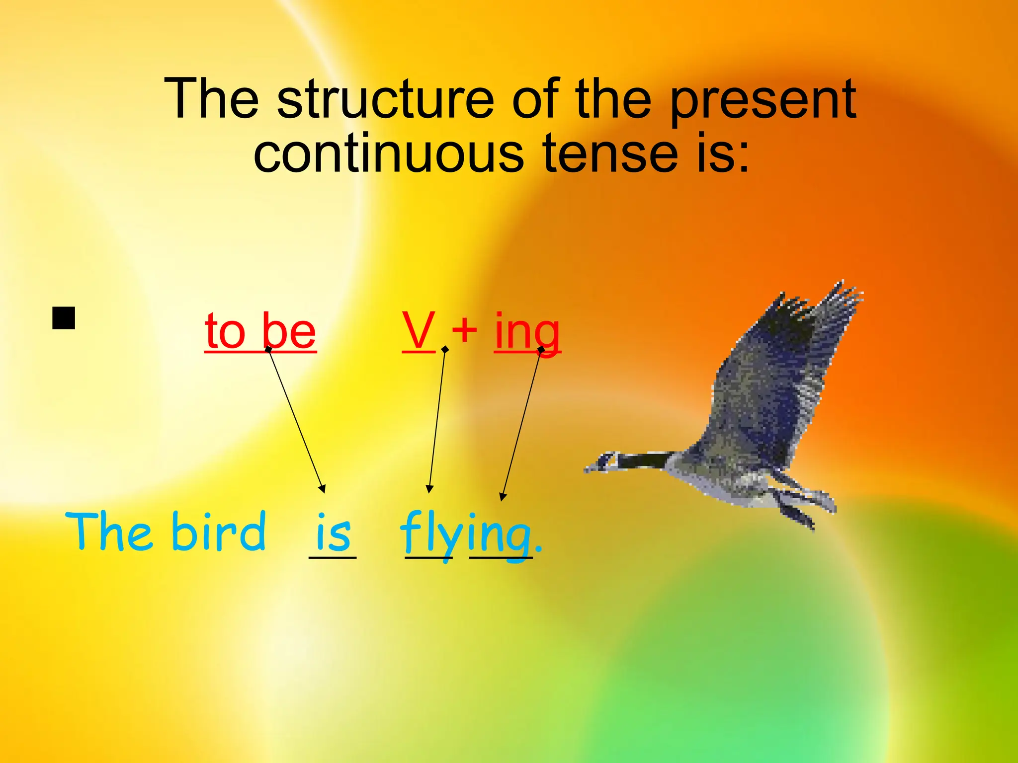 The structure of the present
continuous tense is:
 to be V + ing
The bird is flying.
 