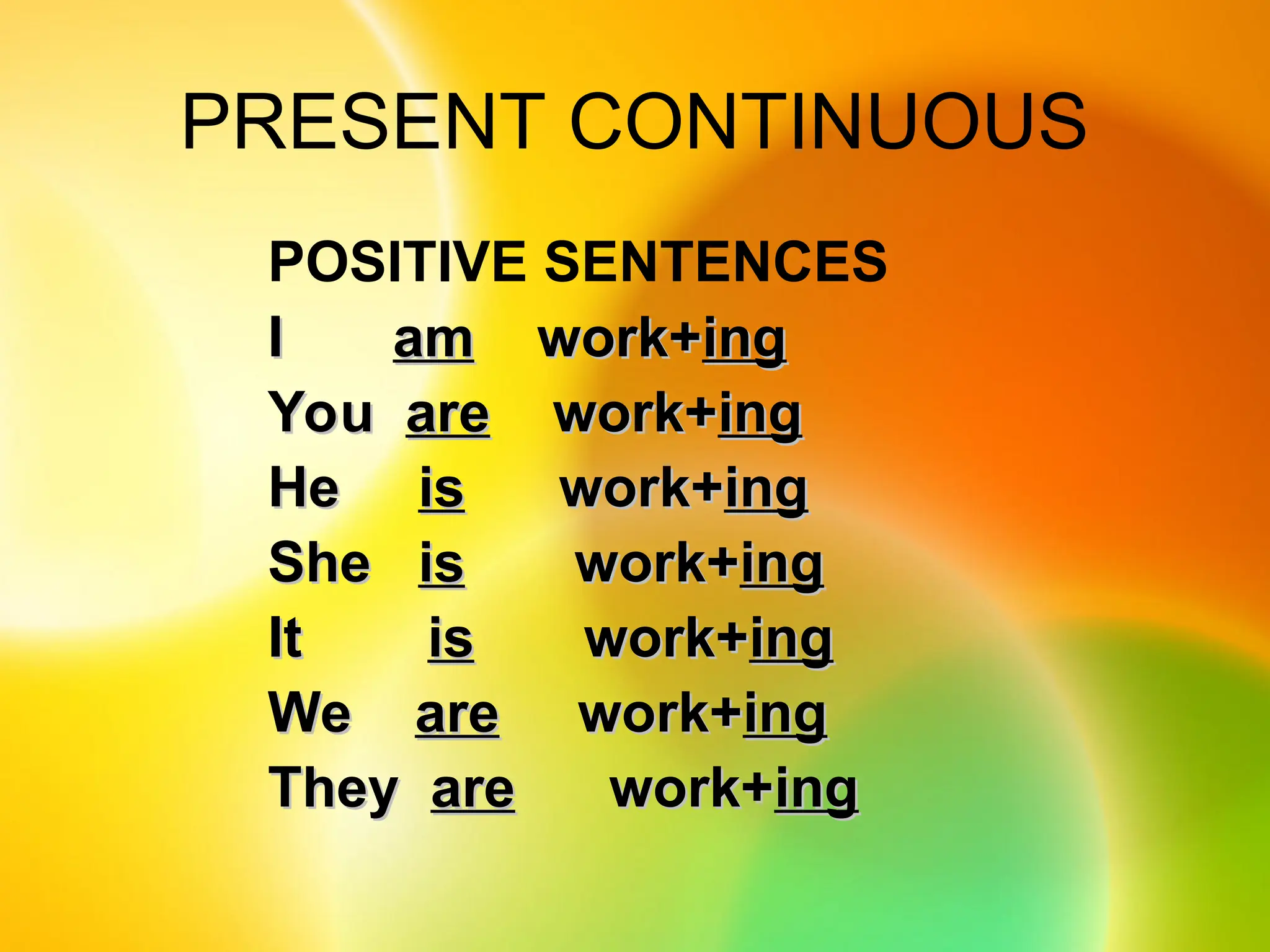PRESENT CONTINUOUS
POSITIVE SENTENCES
I
I am
am work+
work+ing
ing
You
You are
are work+
work+ing
ing
He
He is
is work+
work+ing
ing
She
She is
is work+
work+ing
ing
It
It is
is work+
work+ing
ing
We
We are
are work+
work+ing
ing
They
They are
are work+
work+ing
ing
 